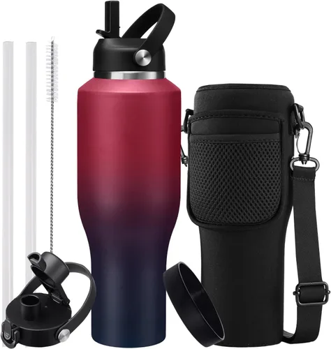 Vista 17 de Botella de agua de acero inoxidable de 32 onzas, frío-48 horas y caliente-24 horas, termo con popote y tapas de boquilla, bolsa, botella aislada al