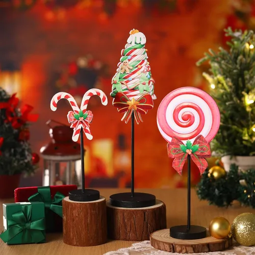 Vista 2 de Geetery 3 piezas de decoración de mesa de dulces de Navidad rojo y verde, centros de mesa de Navidad, letreros de madera, decoración de mesa
