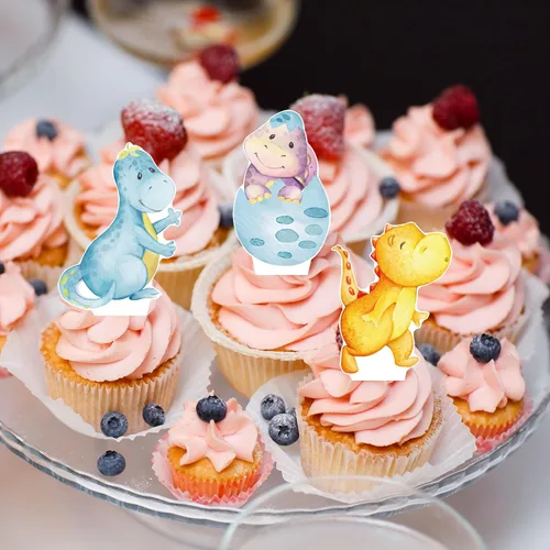 Vista 7 de Decoración de dinosaurio para baby shower, 48 piezas de decoración de cupcakes de dinosaurio para decoración de fiesta de cumpleaños de dinosaurio