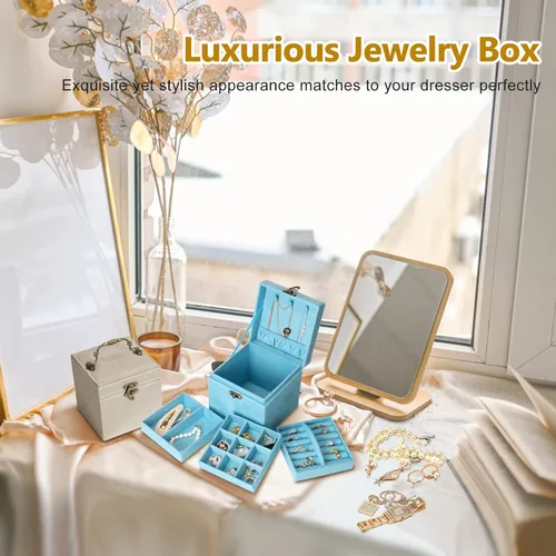 Vista 3 de INMORVEN Pequeño organizador de joyeros, estuche de terciopelo de 3 capas, organizador de joyas para mujeres y niñas, organizador de aretes, caja