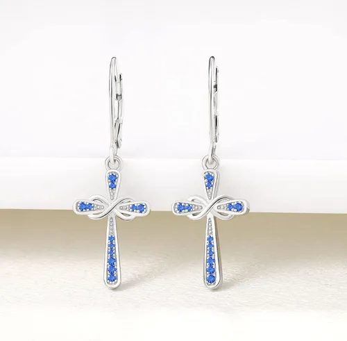 Vista 4 de YL Pendientes de cruz de plata de ley 925, aretes de plata de ley infinita, aretes colgantes de cruz con gota religiosa, regalo de bautismo