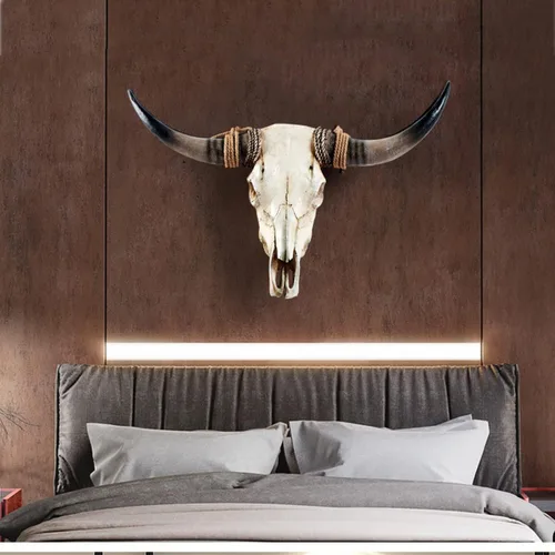 Vista 2 de QQXX Escultura de pared de cráneo de vaca de cuerno largo, cráneo de vaca sintético, para colgar en la pared, escultura de pared hecha a mano