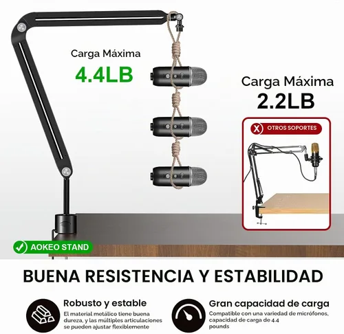 Vista 5 de Brazo de suspensión para micrófono Aokeo AK-45, soporte de escritorio ajustable y compacto para micrófono de suspensión tipo tijera para Blue Yeti