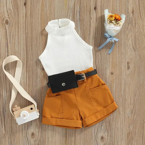 Vista 7 de TheFound Trajes de verano para niñas pequeñas, sin mangas, de punto acanalado, halter, pantalones cortos, ropa para recién nacidos, conjunto de 3
