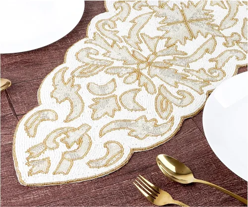 Vista 39 de CLEENTABLE Camino de mesa decorativo con cuentas de 36 pulgadas, diseño floral hecho a mano con respaldo de poliéster duradero para comedor, mesa