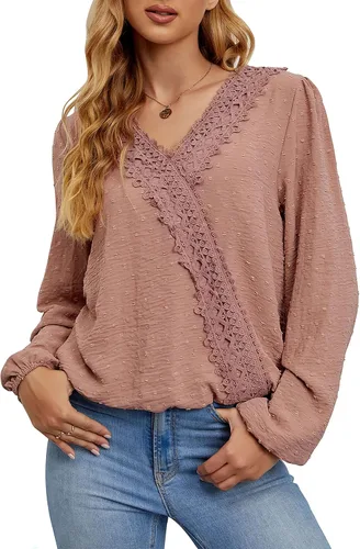 Vista 2 de LOLONG - Blusas de manga cortalarga, cuello en V y gasa, camisas de encaje con pompones, de estilo informal.