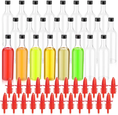 Vista 8 de Yinder 24 botellas de plástico de cuello largo con vertedor de 25 onzas, botellas vacías de licor de vino transparente para verter con 24 vertedores