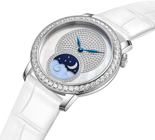 Vista 2 de Reloj de lujo para mujer, reloj de pulsera de cuarzo suizo con correa de cuero-estrella, Blanco, Moda