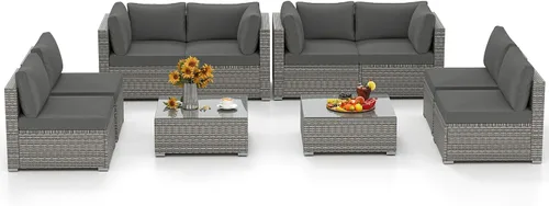 Vista 34 de Tangkula Juego de 2 sofás de mimbre para exteriores, sin brazos, juego de sofá modular de ratán para patio con 2 cojines de asiento gruesos y 2