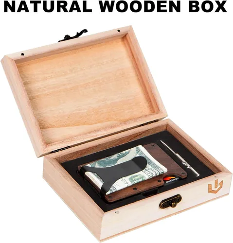 Vista 2 de Custom Wooden Credit Card Holder with Money Clip and wooden box Personalized Wallet Gift for Husband - Anniversary Gift for Him, Boyfriend Gifts