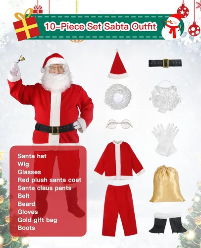 Vista 7 de Aotiooy Disfraz de Papá Noel, 10 piezas, traje de Papá Noel, para adultos, para hombres y mujeres, disfraz de Papá Noel para fiesta de Navidad