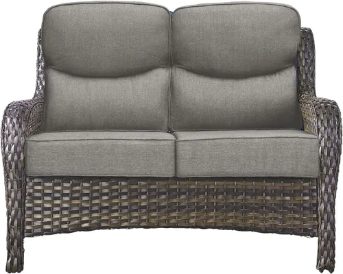 Vista 25 de Sofá Pop Patio de 2 plazas para exteriores con cojines gruesos de botones, respaldo alto, muebles de ratán de mimbre marrón resistentes y cómodos