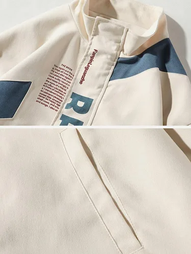 Vista 3 de Aelfric Eden Chaquetas de motocicleta para hombre, chaqueta universitaria, chaqueta vintage con estampado de letras, chaqueta de retazos beige
