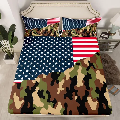 Vista 11 de Juego de sábanas de bandera estadounidense, tamaño individual, diseño de armas de soldado vintage, diseño de bandera nacional de Estados Unidos