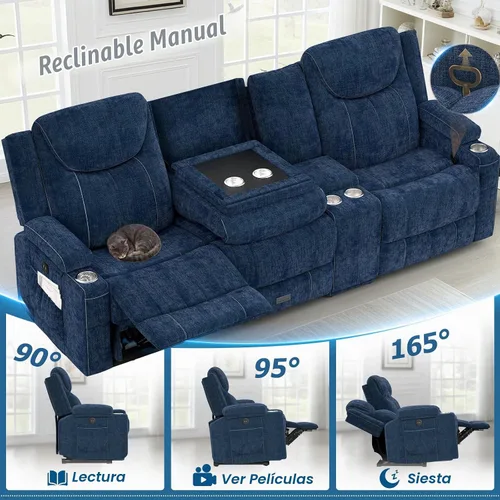 Vista 5 de Dresegmt Sofá reclinable, 2 vías multifunción manual de 3 plazas con portavasos, almacenamiento y puertos USB, moderno sofá multifuncional, sofá