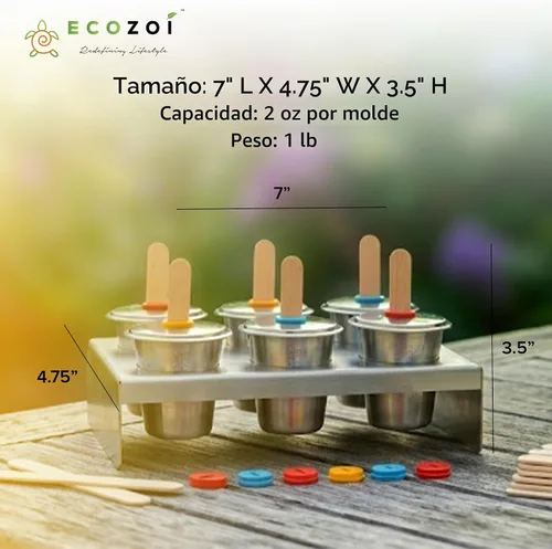 Vista 3 de Ecozoi Moldes y estante de acero inoxidable para paletas – 6 mini máquinas redondas de paletas de hielo + 30 palos de bambú reutilizables + 12