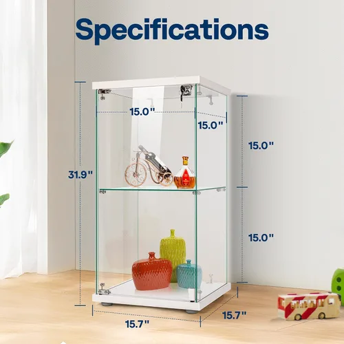Vista 7 de VIVOHOME Gabinete de exhibición de vidrio de 2 capas con cerradura, 15.7" x 15.7" x 31.9" (ancho x profundidad x altura), vidrio templado, base