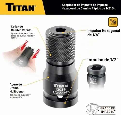 Vista 3 de Titan 12039 Adaptador de cambio rápido de 1/2" de accionamiento a 1/4" hexagonal
