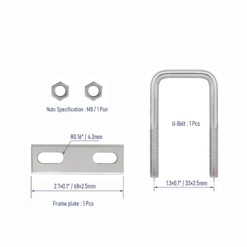 Vista 3 de Pernos en U cuadrados de acero inoxidable 304 de 1 "(25 mm) de ancho interior, 3 "(75 mm) de longitud inoxidable M8 con tuercas, placa de marco