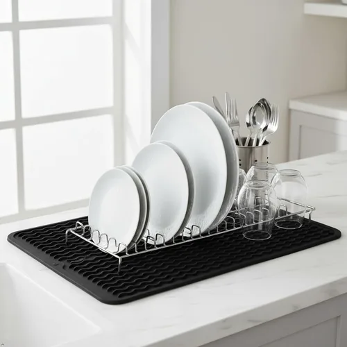 Vista 8 de Tapete de secado de silicona de 16 x 12 pulgadas, tapete antideslizante negro para fregadero para encimera de cocina, almohadilla de platos