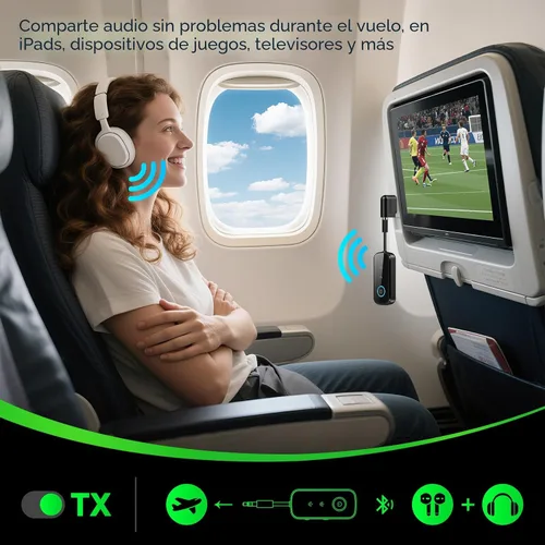 Vista 5 de Transmisor Receptor Bluetooth 5.4 Premium Pro, adaptador de audio de avión, transmisor inalámbrico para TV/vuelo de viaje, aerolínea, gimnasio. Negro