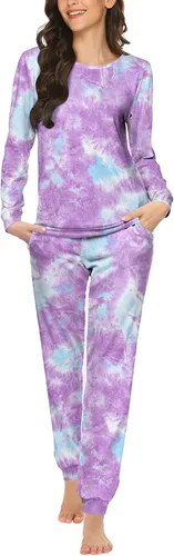 Vista 32 de Ekouaer - Conjunto de pijama de manga larga para mujer, ropa de dormir suave con cuello redondo y bolsillos, conjuntos de ropa de descanso Negro
