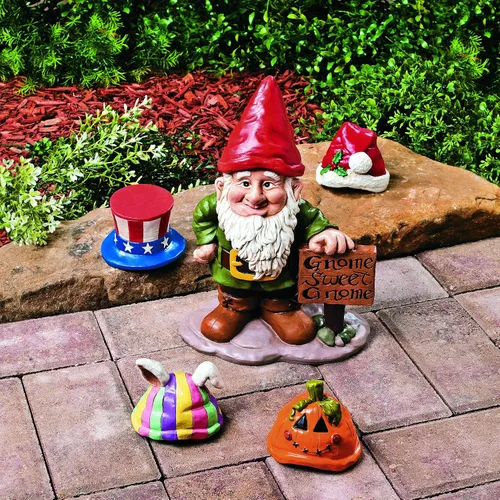 Vista 8 de Fun Express Estatua de gnomos de jardín para exteriores con 5 sombreros de temporada intercambiables, figuras de gnomos de resina para decoraciones