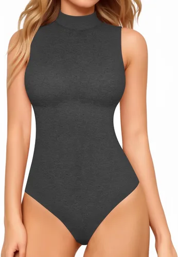 Vista 9 de MANGOPOP - Body de cuello de tortuga simulado sin mangas para mujer, leotardo de camiseta sin mangas 01 Negro