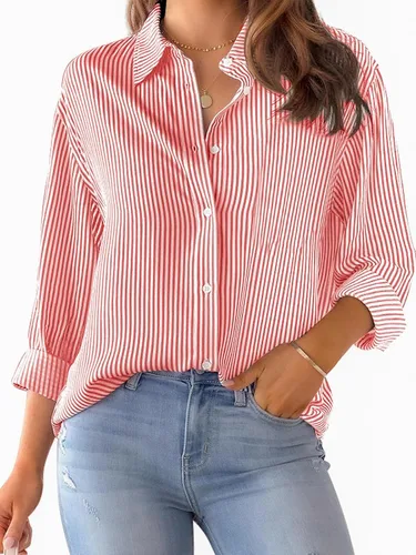 Vista 10 de Siliteelon - Camisas de botones para mujer, camisa de vestir a rayas de algodón, de manga larga, cuello con solapa, para oficina y trabajo