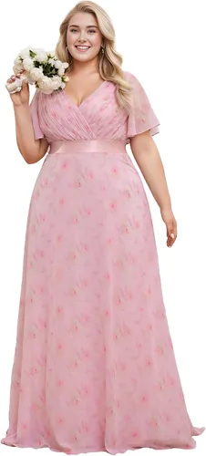 Vista 32 de Ever-Pretty Vestidos formales de noche de gasa para mujer con cuello en V de talla grande para mujeres con curvas, vestido de dama de honor de largo