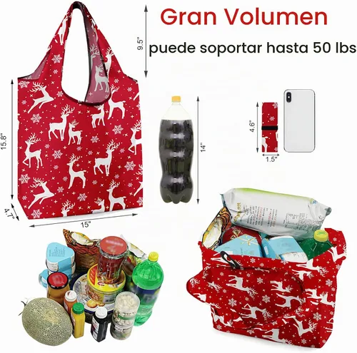 Vista 3 de BeeGreen Bolsas de comestibles reutilizables de Navidad con bolsa de almacenamiento con cremallera, paquete de 10 bolsas de compras reutilizables a