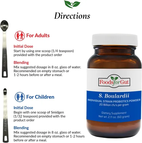 Vista 5 de Foods For Gut Saccharomyces Boulardii Probiotic Powder 20 mil millones de ufc Sin aditivos Apoyo digestivo e inmunológico Alta potencia S.