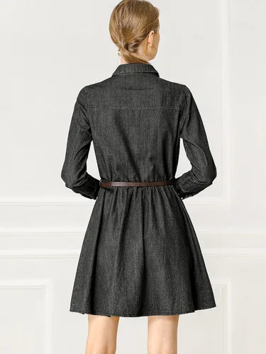 Vista 5 de Allegra K Vestido de mezclilla para mujer con botones plisado acampanado acampanado