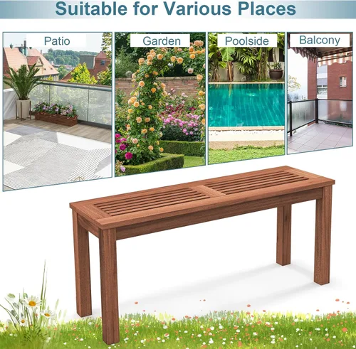 Vista 9 de RELAX4LIFE Banco de madera para exteriores, banco de patio con asiento de listones, marco de madera maciza resistente a la intemperie, banco