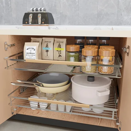 Vista 3 de Paquete de 1 organizador de gabinete extraíble expandible, cajones deslizantes para armarios de cocina, guías de cajones resistentes para el hogar