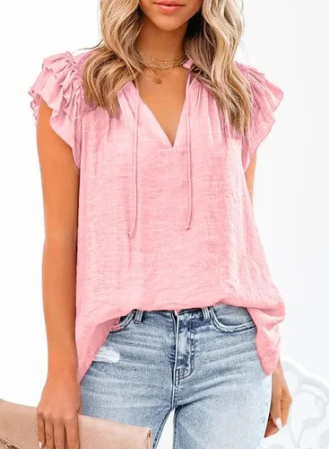Vista 2 de Dokotto - Blusas informales con cuello en V para mujer, diseño de manga corta, con cordón ajustable