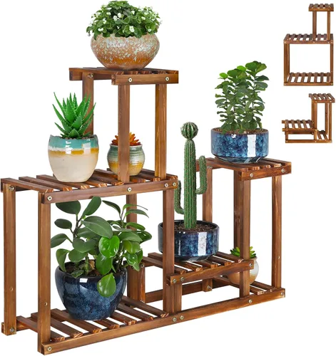 Vista 8 de Soporte de madera para plantas para interiores y exteriores, 4 niveles, estante para macetas esquineras, soporte para macetas para sala de estar