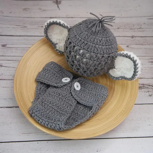 Vista 4 de Accesorios de fotografía para recién nacidos para niños y niñas sombrero de elefante gorro y pantalones cortos accesorios para fotos de bebé