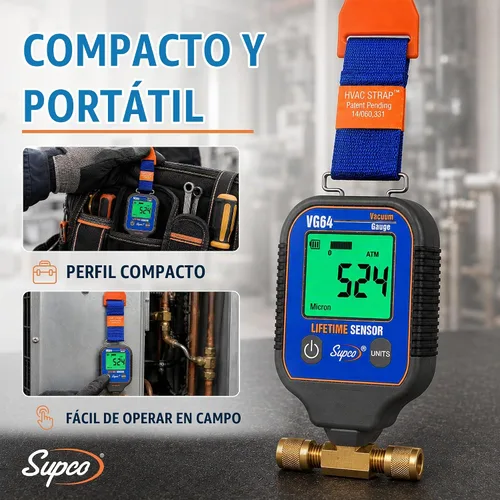 Vista 7 de Supco VG64 calibre de vacío con pantalla digital, rango de 0 a 12 000 micrones, precisión de 10%, conexión para adaptador de campana macho de 0.25