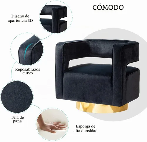 Vista 5 de TINA'S HOME Silla giratoria de barril de acento, moderna silla de terciopelo de barril giratorio con respaldo abierto curvado 3D con base de metal