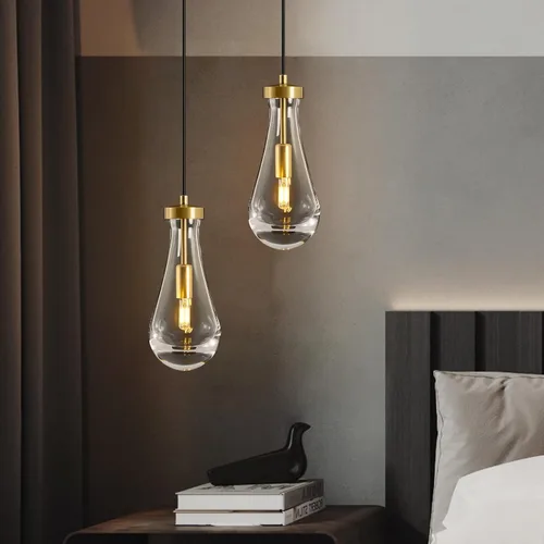 Vista 2 de Lámparas Colgantes de Gota de Lluvia para Isla de Cocina: Lámparas de Gota de Lluvia de Cristal de 2 Luces - Lámparas de Latón Dorado para sobre