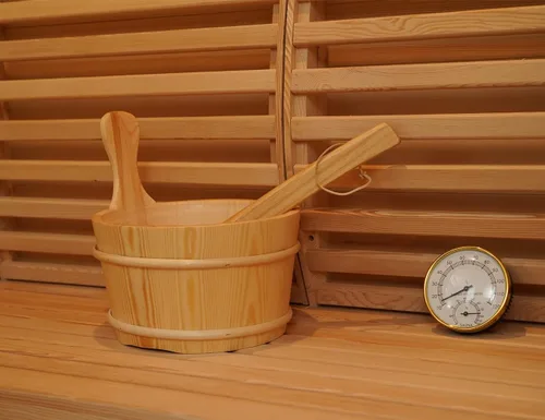 Vista 6 de Kit de cubo y cucharón de madera para sauna, accesorios de sauna con termómetro para cualquier barril o sauna de vapor y spa