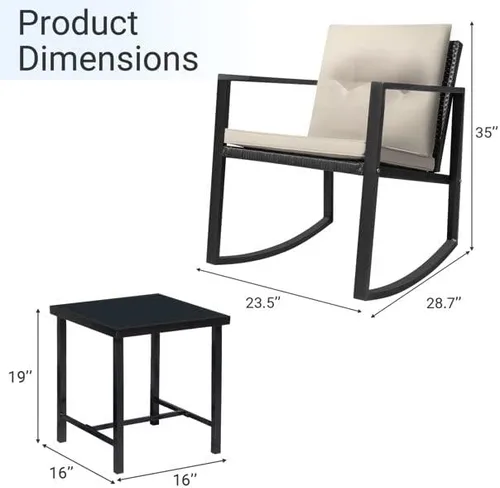 Vista 2 de Juego de 3 sillas mecedoras de patio para exteriores con mesa auxiliar (beige), 23.50 x 28.70 x 35.00 pulgadas (largo x ancho x alto) (T998142)