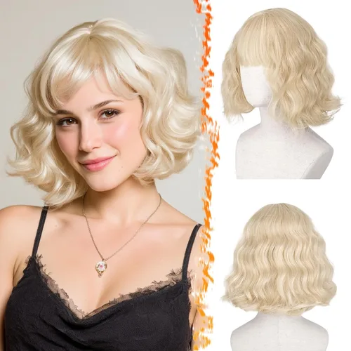 Vista 18 de BARSDAR Peluca corta ondulada con reflejos castaño, peluca corta ondulada con flequillo para mujer, gruesa, suave, sintética, texturizada, rizada