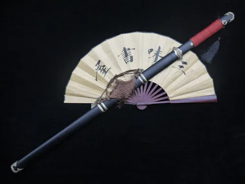 Vista 2 de Espada china/Tang jian/hoja de acero de Damasco/vaina de madera negra/accesorios de latón/espiga completa/longitud: 39 pulgadas