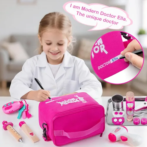 Vista 5 de Sundaymot Kit de Doctor para Niñas, 34 piezas juego de simulación, kit de Doctor para niños pequeños de 3 a 5 años, con bolsa médica, estetoscopio