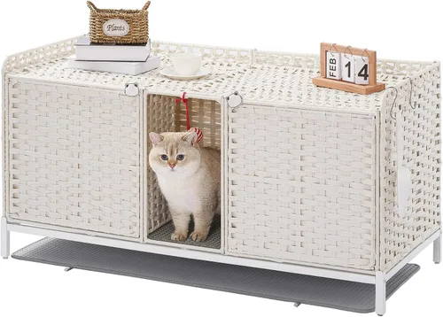 Vista 9 de SETVSON Caja de Arena para Gatos para 2 Gatos, Mueble Oculto de Caja de Arena con Alfombra, Casa Grande de Ratán para Gatos con Habitación Doble