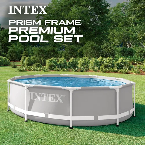 Vista 2 de Intex Piscina de 10 pies x 30 pulgadas con cubierta redonda de piscina sobre el suelo de 10 pies
