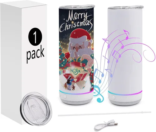 Vista 13 de Paquete de 4 vasos con altavoz musical de 20 onzas, taza de música recta con pajita, tapa, cepillo para pajilla, envoltura retráctil, taza de café