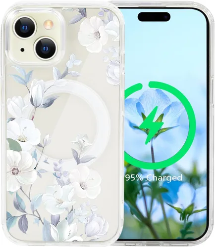 Vista 22 de Funda magnética de flores para iPhone 15 [compatible con MagSafe] Bonito patrón floral transparente a prueba de golpes